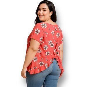 Torrid 2X Coral Floral Blouse Ruffle Back Hi-Low Hem Scoop Neck Top Summer